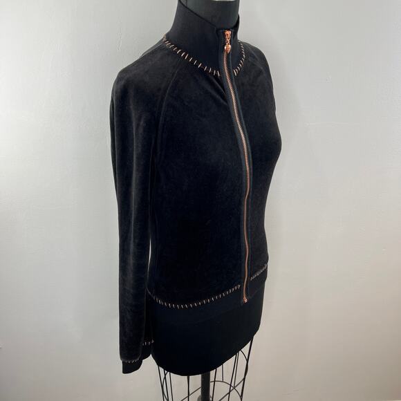 90s Y2K Twisted Heart Black Velour Zip Rose Gold Embellished Jacket Sweater M - Picture 4 of 7
